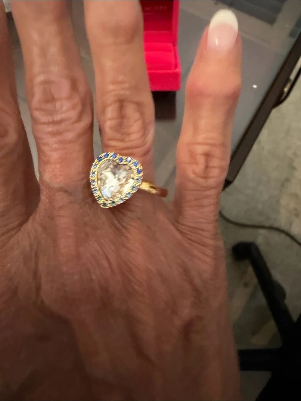Kurt Geiger Gold Heart Ring with Clear Center and Blue Accents size 7 3/4